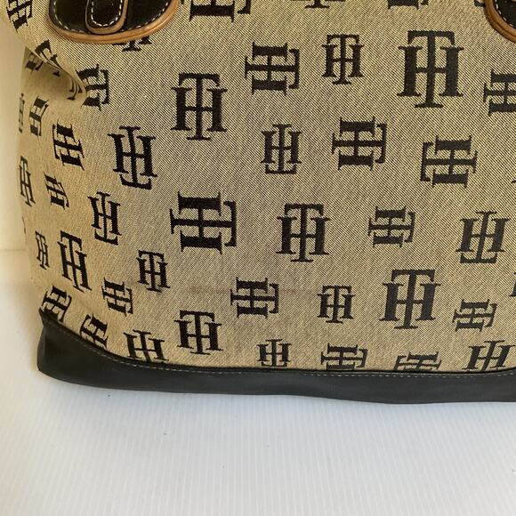 Tommy Hilfiger Vintage Monogram Tote Bag Black Beige Y2k Retro Designer - Picture 6 of 10